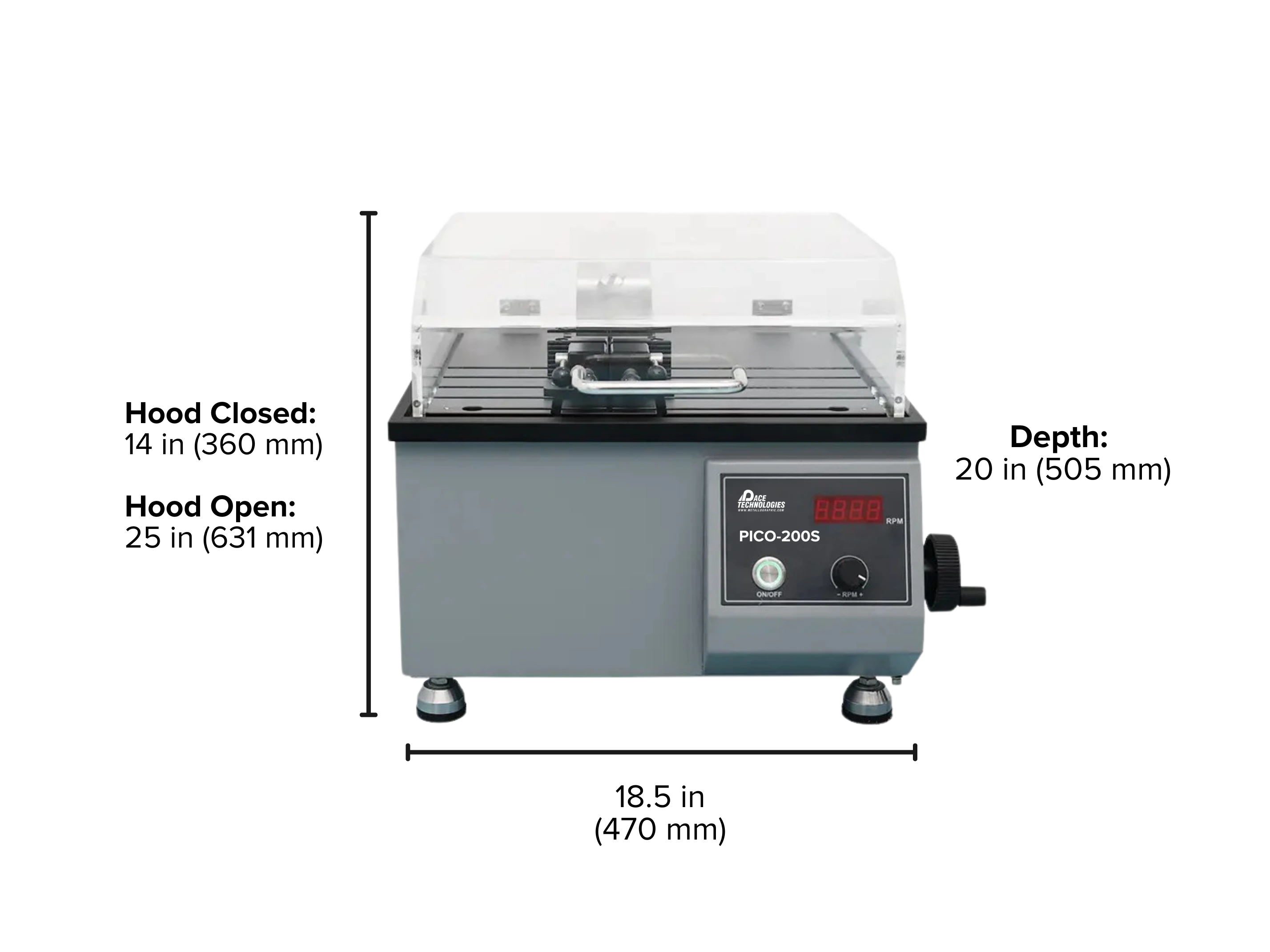 Image of the PICO-200S highlighting key dimensions such as width, depth, and length